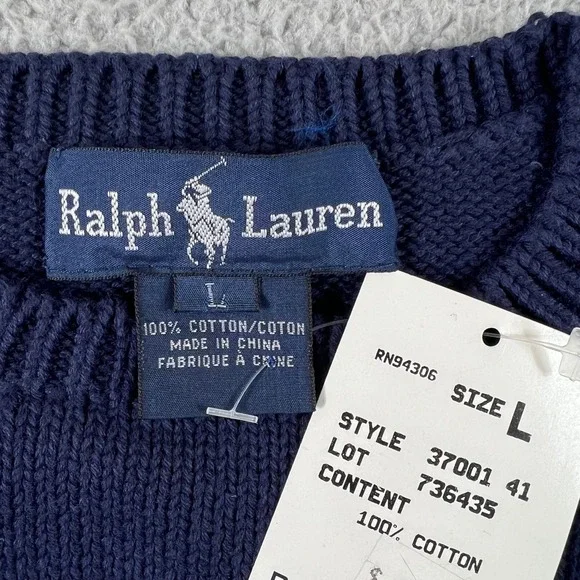 Ralph Lauren Crewneck Sweater Men's Large Navy Blue 100% Cotton VTG NWT
